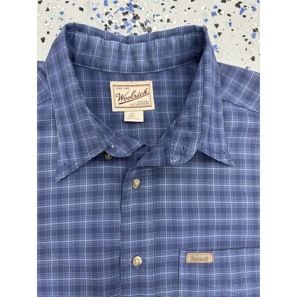 Woolrich Shirt Mens 2XL Blue Check Linen Blend Long Sleeve Collared Button Up - Picture 2 of 2